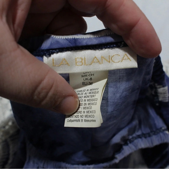 La Blanca Designer Tie-Dye Lace-Trim Off-the-Shoulder Mini Dress - Blue, Small - Picture 6 of 7